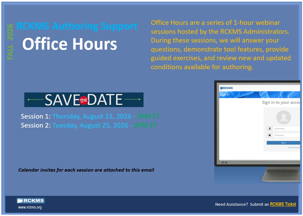 RCKMS Office Hours flyer with 'Save the Date' and two sessions (Aug 13 and Aug 25, 2026 at 3 PM ET) beside a computer monitor.